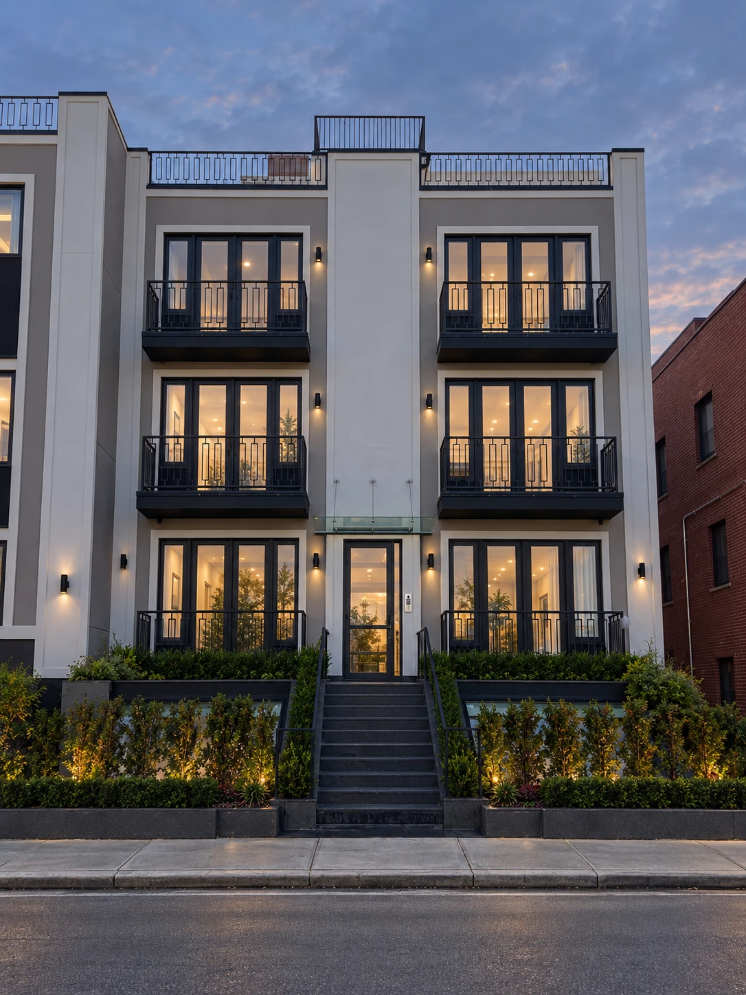 Residential facade with balconies, a central stair, and evening uplighting
